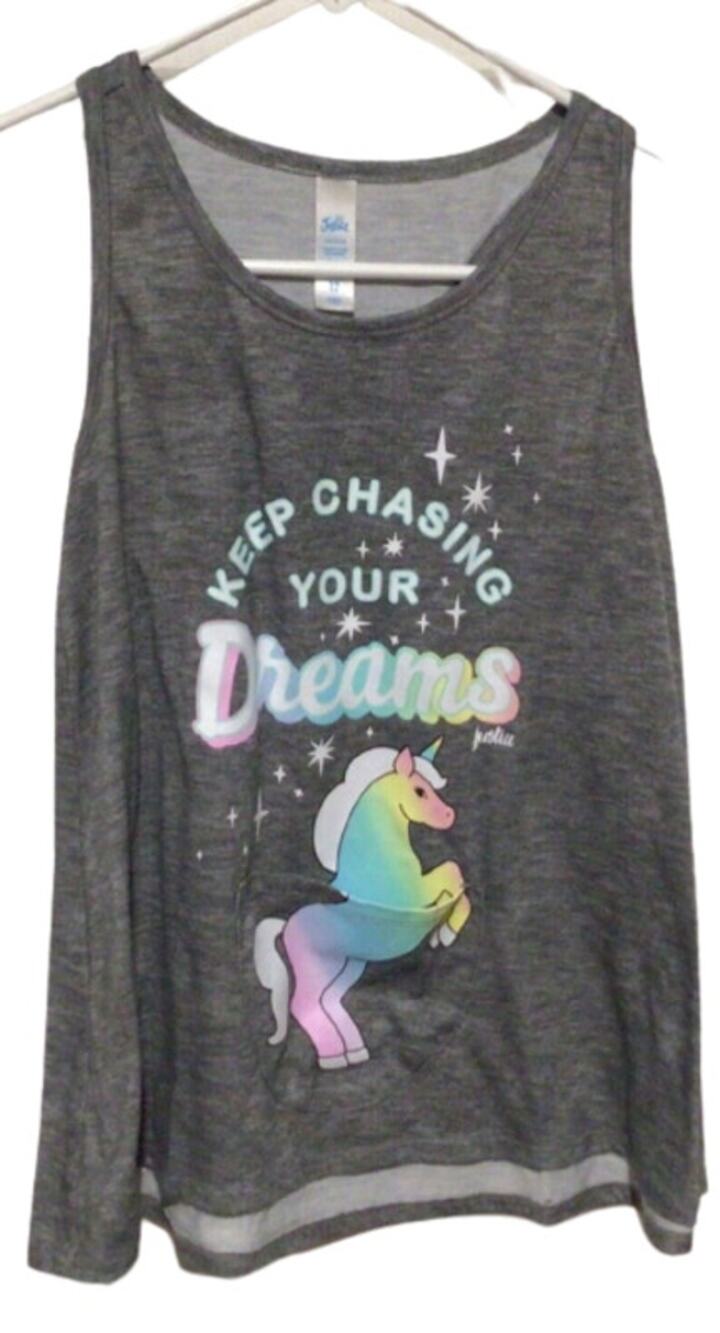Justice Girls Gray Unicorn Tank Top "Keep Chasing Your Dreams" Size 12 Tee